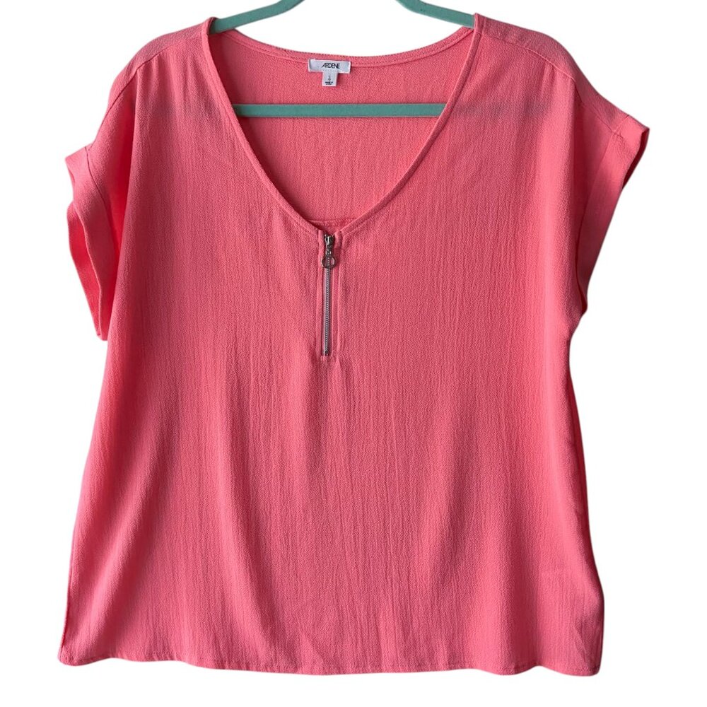 Ardene Women's Coral Textured Zip Front Short Sleeve Blouse Size Large